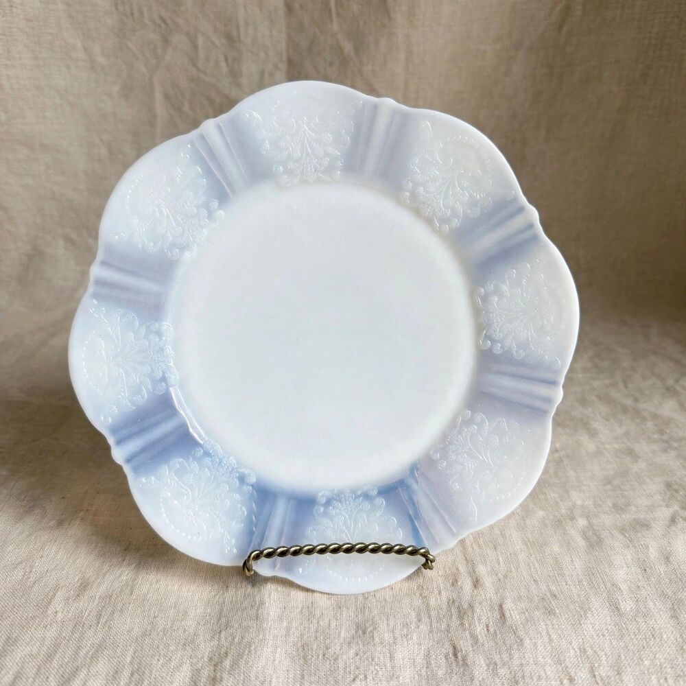Vtg Milk Glass Scalloped Plate Blue Tint Embossed Floral 7in Vintage Cottage